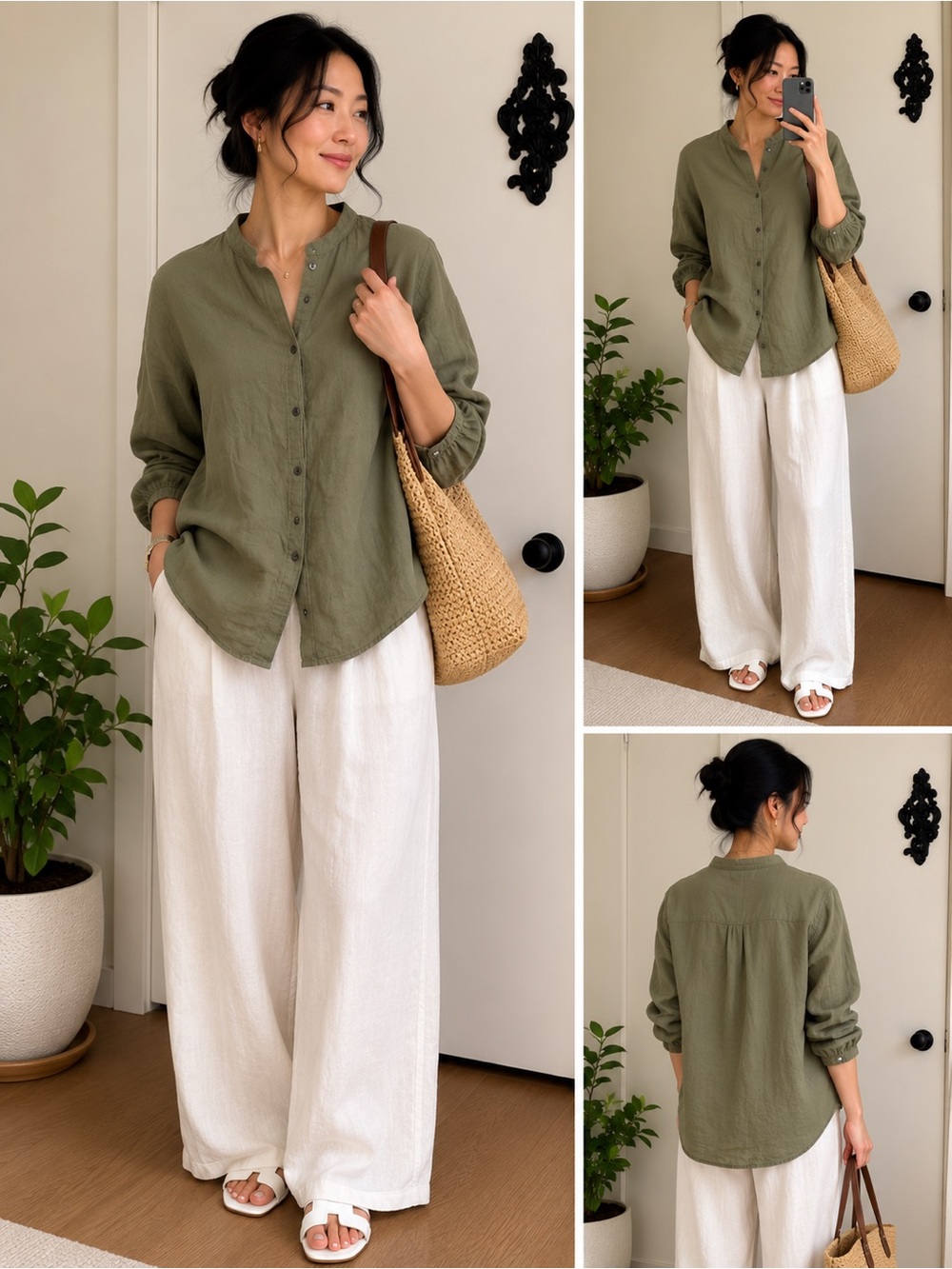 Muji Olive Green Button-Down Linen Shirt